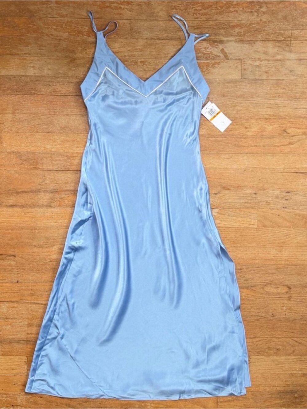 Vintage Silk Slip Dress Size Small Light Blue Satin V-Neck Camisole Style Midi